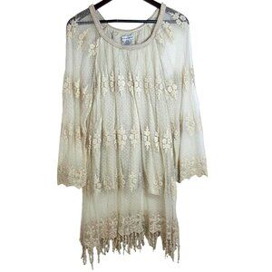 Contrast Cream Floral Embroidery Lace Long Sleeve Boho Cowgirl Mini Dress Medium